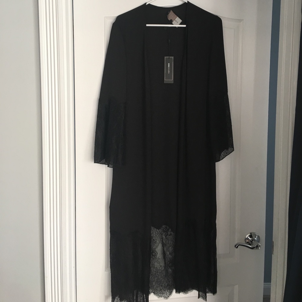 BCBG Black wrap dress/ kimono with lace trim
